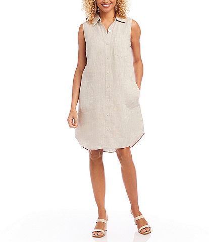 Karen Kane Breathable Linen Point Collar Sleeveless Pocket Shirt Dress