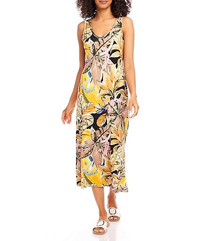 Karen Kane Brigitte Tropical Print V-Neck Sleeveless Midi Dress
