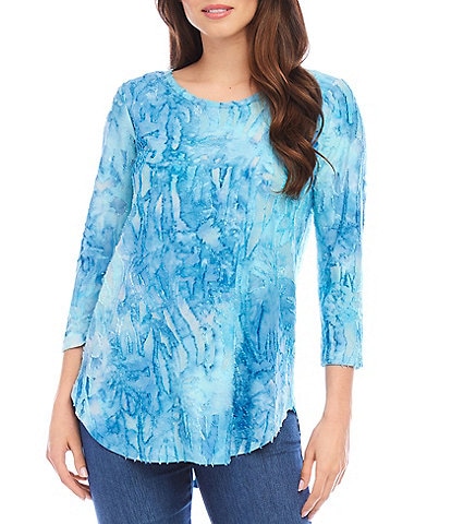 Karen Kane Burnout Tie-Dye Print Crew Neck 3/4 Sleeve Shirttail Hem Top