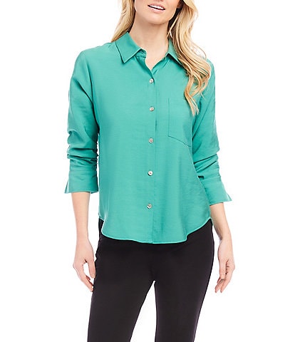 Karen Kane Button Down Collar 3/4 Ruched Sleeve Top