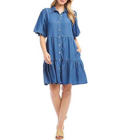 Karen Kane Chambray Point Collar Puff Sleeve Tiered Dress