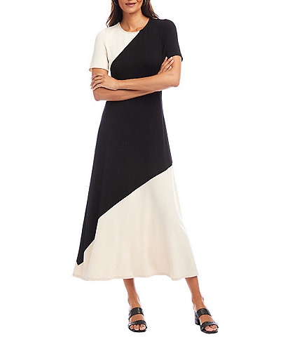 Karen Kane Colorblock Round Neck Short Sleeve A-Line Midi Dress