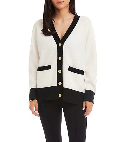 Karen Kane Contrast Colorblock V-Neck Long Sleeve Crest Gold Button Front Knit Cardigan Sweater