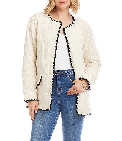 Karen Kane Contrast Edge Stitch Quilted Crew Neck Button Front Jacket