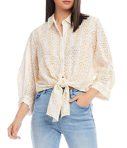 Karen Kane Contrast Embroidered Eyelet 3/4 Blouson Sleeve Button Down Tie-Front Top