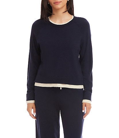 Karen Kane Contrast Trim Coordinating Crew Neck Raglan Long Sleeve Knit Top