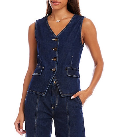 Karen Kane Coordinating Denim V-Neck Sleeveless Button Front Vest