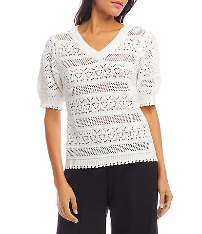 Karen Kane Cotton Crochet V-Neck Puff Sleeve Unlined Top