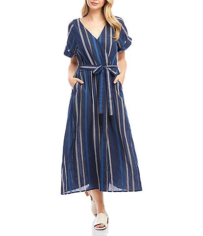 Karen Kane Cotton Embroidered Cuffed Sleeve Faux Wrap Midi Dress