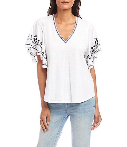 Karen Kane Organic Cotton Embroidered Flutter Sleeve Top