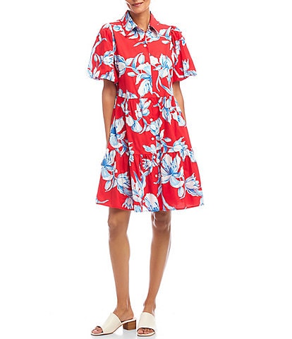 Karen Kane Cotton Puff Sleeve Tiered Shirtdress