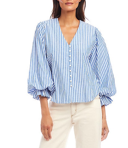 Karen Kane Cotton Stripe V-Neck 3/4 Puff Sleeve Button Front Blouse