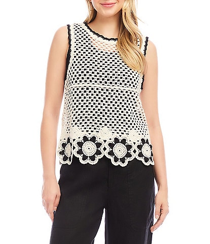 Karen Kane Crew Neck Sleeveless Floral Crochet Sweater