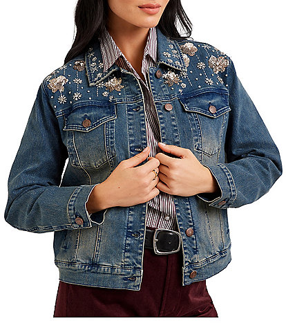 Karen Kane Embellished Denim Point Collar Long Sleeve Jacket