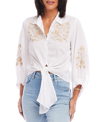 Karen Kane Embroidered Point Collar Long Sleeve Tie-Front Blouse
