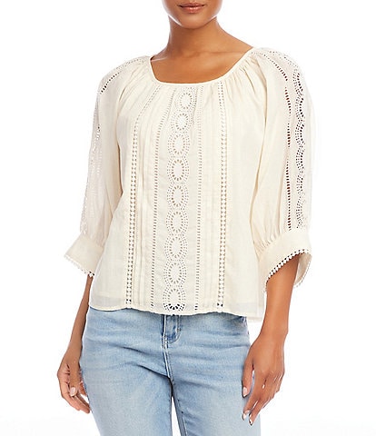 Karen Kane Embroidered Lace Inset Cotton Scoop Neck Blouson Sleeve Top