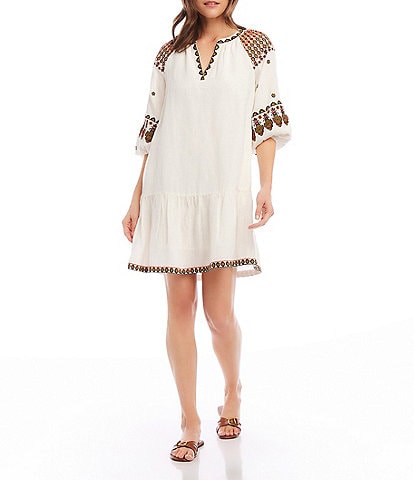 Karen Kane Embroidered Linen Blend Split V-Neck 3/4 Peasant Sleeve Ruffle Hem Shift Dress