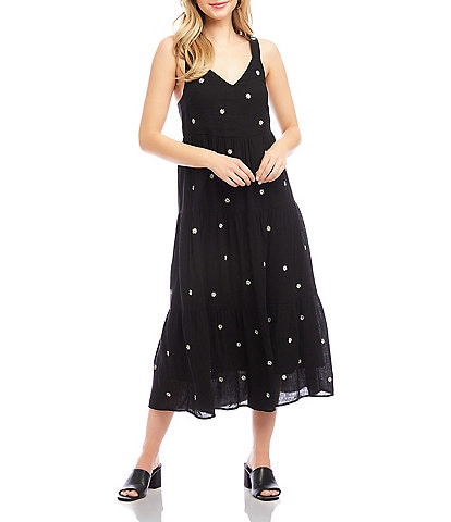 Karen Kane Embroidered Linen Blend V-Neck Sleeveless Midi Tiered Dress