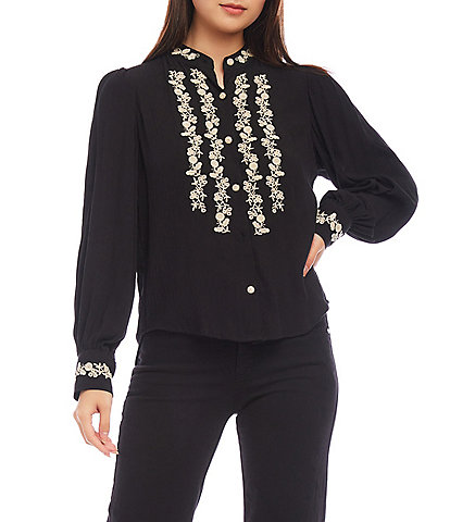 Karen Kane Embroidered Mandarin Collar Long Sleeve Blouse