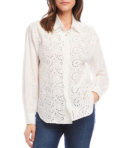 Karen Kane Embroidered Paisley Button Front Long Sleeve Shirt