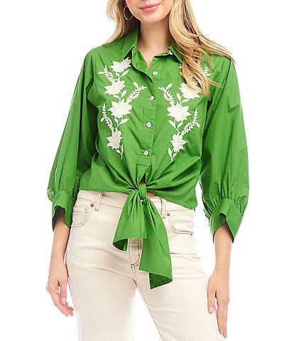 Karen Kane Embroidered Point Collar 3/4 Blouson Sleeve Tie-Front Top