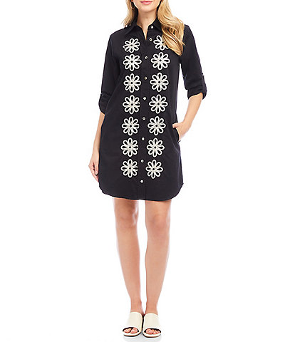 Karen Kane Embroidered Point Collar 3/4 Roll-Tab Sleeve Button Front Shirtdress