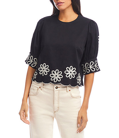 Karen Kane Embroidered Round Neck 3/4 Sleeve Scalloped Hem Top