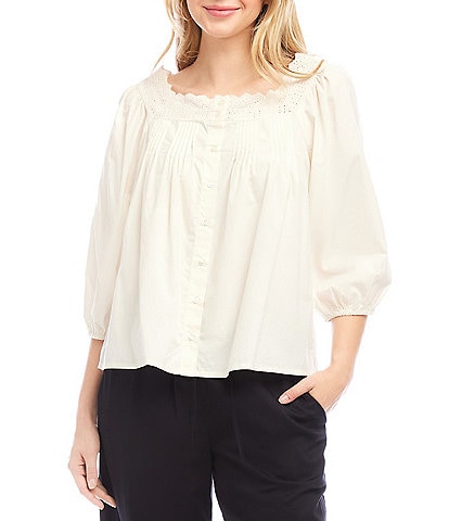 Karen Kane Embroidered Scalloped Square Neck 3/4 Sleeve Button-Front Blouse