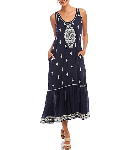 Karen Kane Embroidered Scoop Neck Sleeveless Midi Dress
