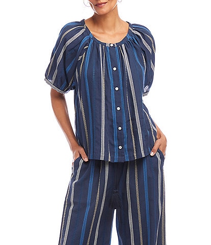 Karen Kane Embroidered Short Puff Sleeve Button Front Coordinating Top