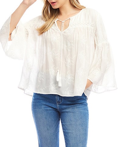 Karen Kane Embroidered Split V-Neck 3/4 Flowy Flare Sleeve Tassel Tie Top