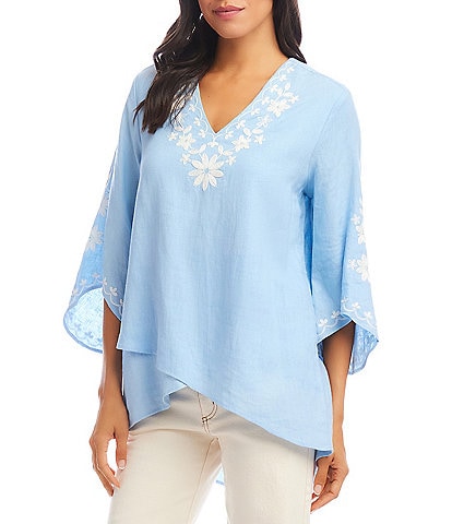 Karen Kane Embroidered V-Neck Linen Blend Flare 3/4 Sleeve Asymmetric Top