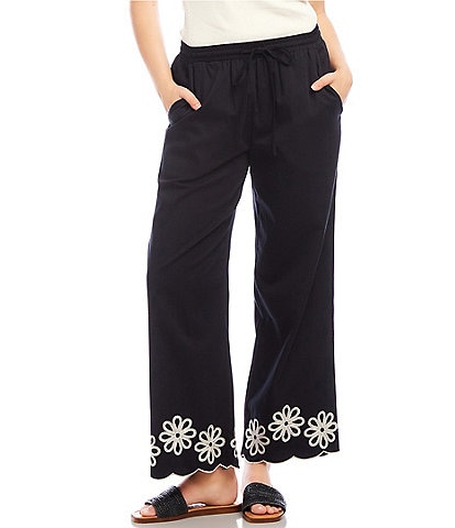 Karen Kane Embroidered Wide-Leg Pull-On Ankle Pants