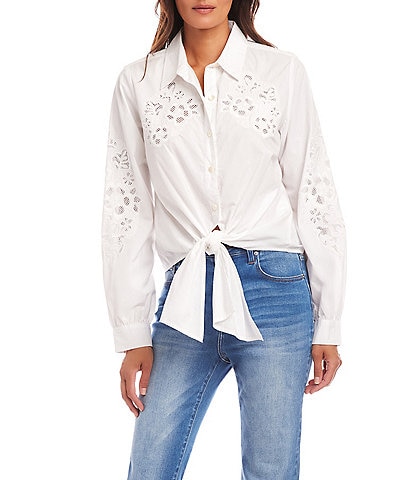 Karen Kane Eyelet Embroidered Floral Tie-Front Point Collar Long Sleeve Top