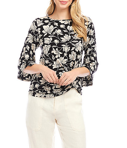 Karen Kane Floral Boat Neck 3/4 Flare Sleeve Side Pick-Up Hem Top