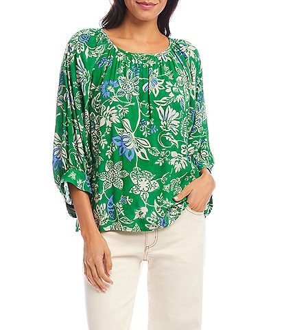 Karen Kane Floral Crepe Scoop Neck 3/4 Blouson Sleeve Top