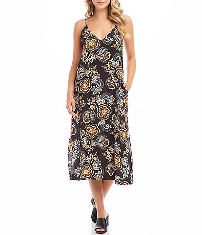 Karen Kane Floral Scoop Neck Side Slit Midi Dress