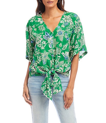 Karen Kane Floral V-Neck Short Sleeve Tie-Front Top
