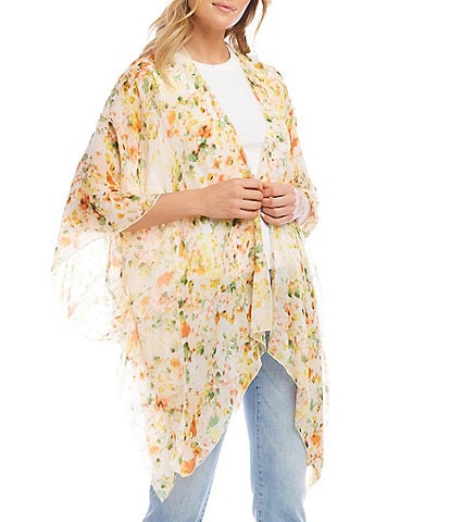 Karen Kane Georgette Floral Print Drop Shoulder Open Front Sharkbite Hem Kimono Sleeve Jacket
