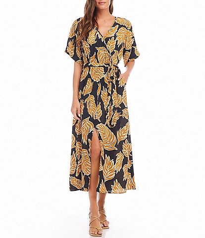 Karen Kane Gold Leaf Print Surplice V-Neck Short Sleeve A-Line Front Slit Maxi Dress