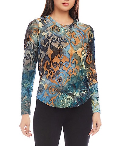 Karen Kane Abstract Print Jacquard Stretch Crew Neck Long Sleeve Burnout Top