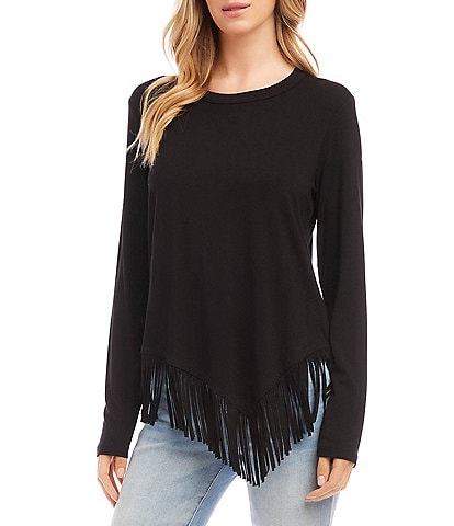 Karen Kane Jersey Knit Crew Neck Long Sleeve Asymmetric Fringe Hem Top