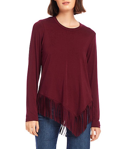 Karen Kane Jersey Knit Crew Neck Long Sleeve Asymmetric Fringe Hem Top