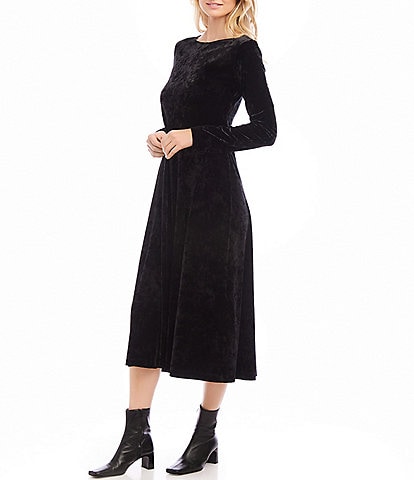 Karen Kane Kate Petite Size Stretch Crushed Velvet Boat Neck Long Sleeve A-Line Midi Dress