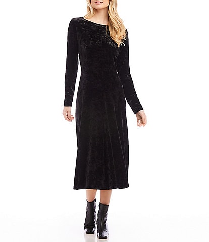 Karen Kane Kate Stretch Velvet Boat Neckline Long Sleeve A-Line Midi Dress