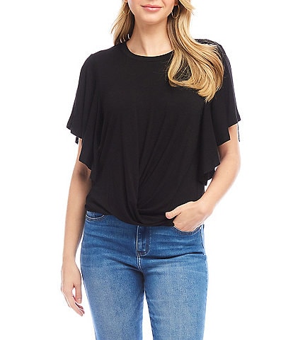 Karen Kane Knit Crew Neck Short Flowing Sleeve Front Twist Top