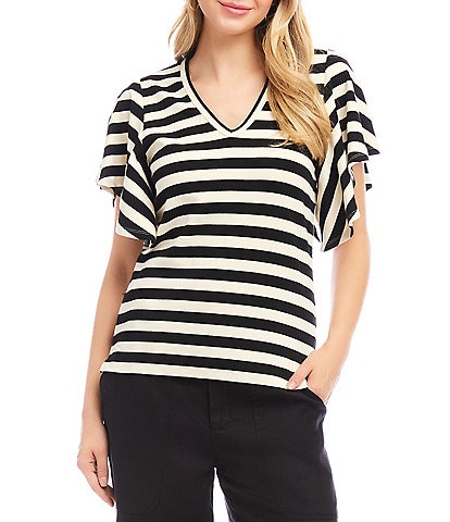 Karen Kane Knit Stripe V-Neck Short Flutter Sleeve Top