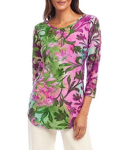 Karen Kane Knit Tie-Dye Burnout Floral Print Scoop Neck 3/4 Sleeve Top