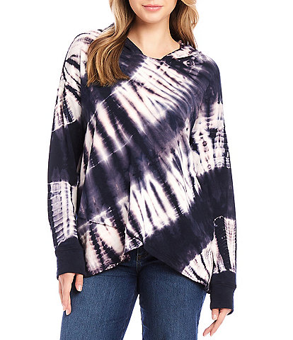 Karen Kane Knit Tie-Dye Print Long Sleeve Asymmetric Hem Hoodie