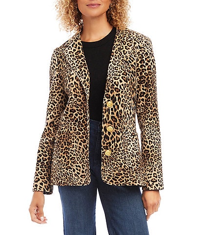 Karen Kane Leopard Print Stretch Corduroy Notch Collar Long Sleeve Button Front Jacket